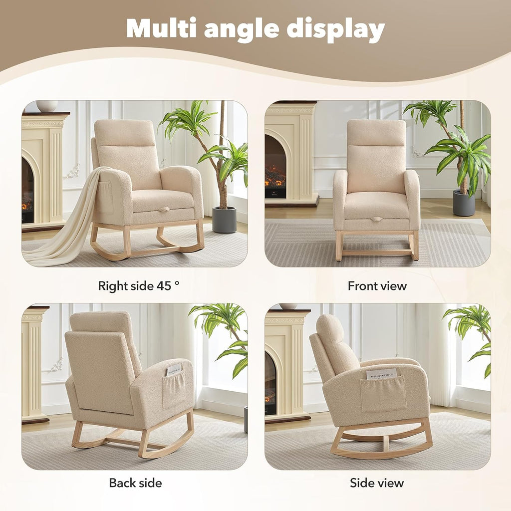 Modern Nursery Rocking Chair, Teddy Upholstered Rocking Chair with Footrest, Comfortable Rocker Recliner with Side Pocket, Rocker Glider for Living Room, Bedroom, Nursing Room