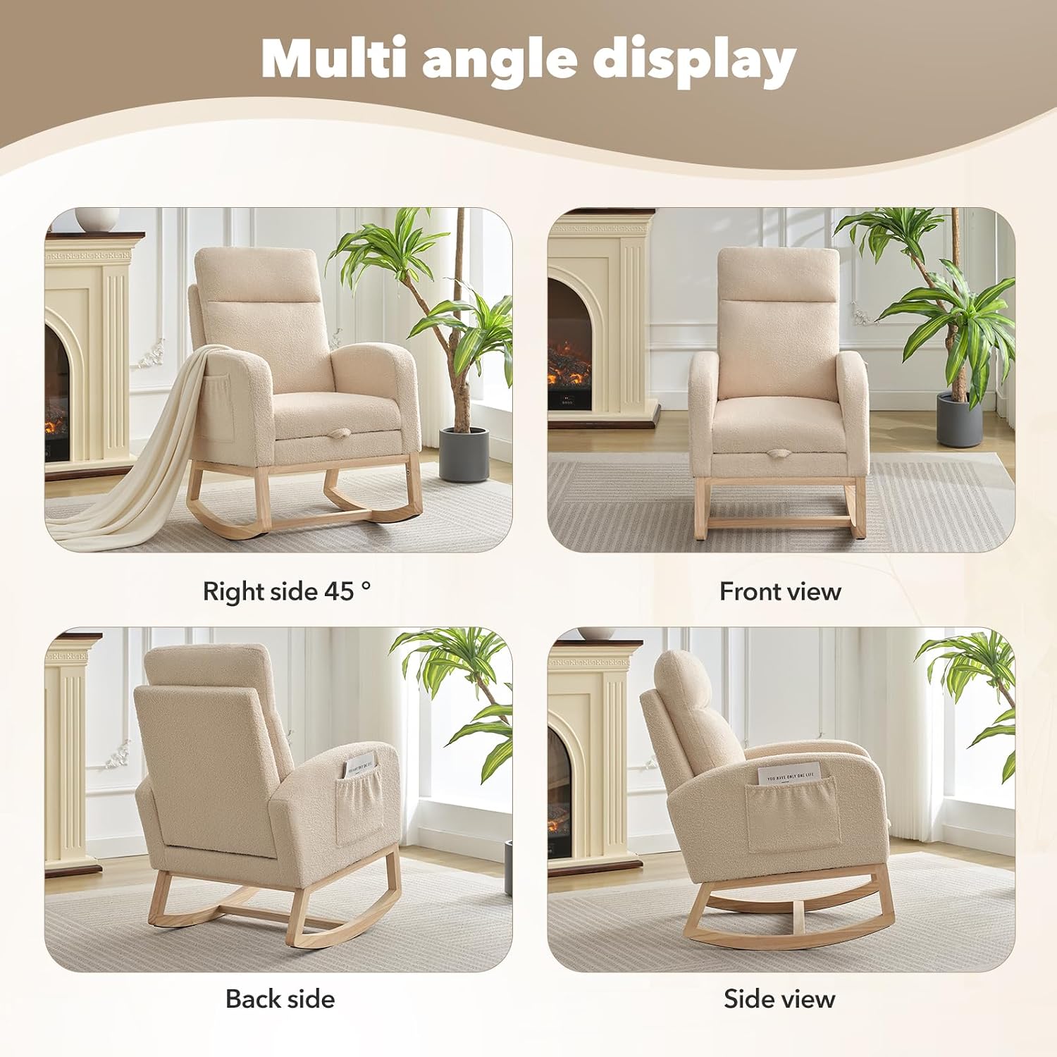 Modern Nursery Rocking Chair, Teddy Upholstered Rocking Chair with Footrest, Comfortable Rocker Recliner with Side Pocket, Rocker Glider for Living Room, Bedroom, Nursing Room