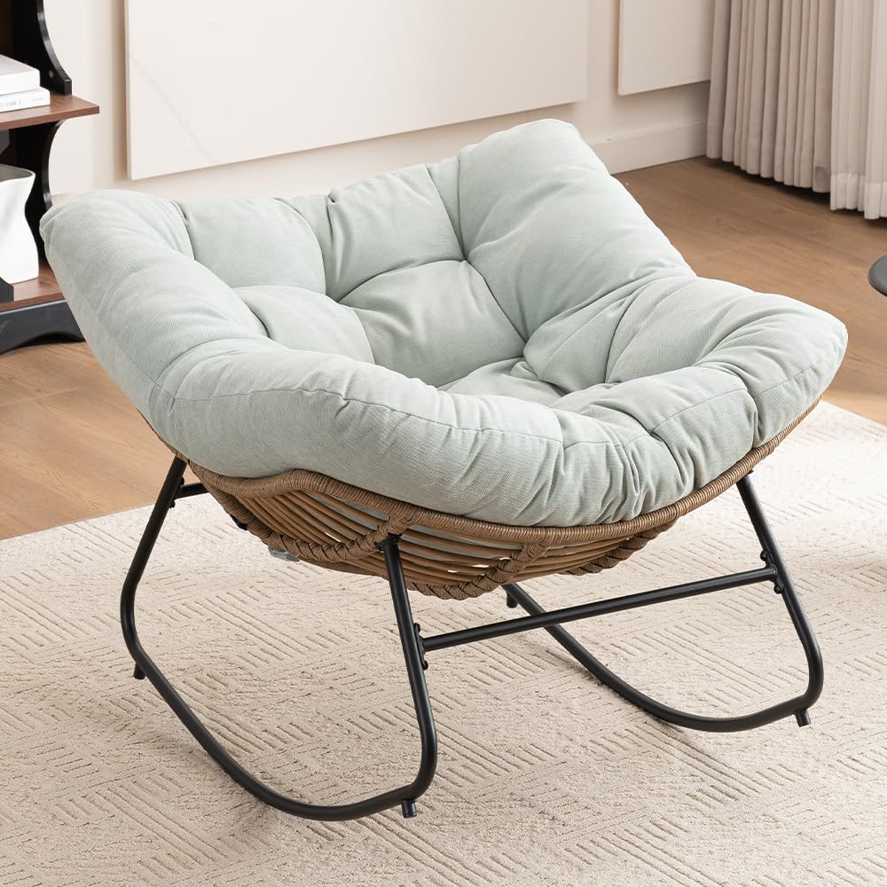 Outdoor Papasan Chair, Oversized Rocking Chair with Cushion and Metal Frame, Patio Lounge Rocking Chair for Balcony Backyard Porch Bedroom Living Room (Light Blue)