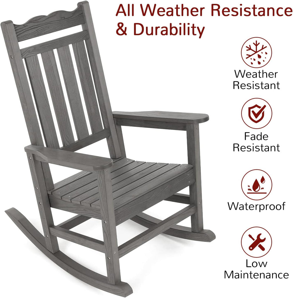 Stoog All-Weather Outdoor & Indoor Rocking Chairs Set of 2 with Table, 3 Piece Front Porch Rocker Set, 400Lbs Support Porch Rocker for Backyard, Lawn, Garden and Fire Pit, Grey
