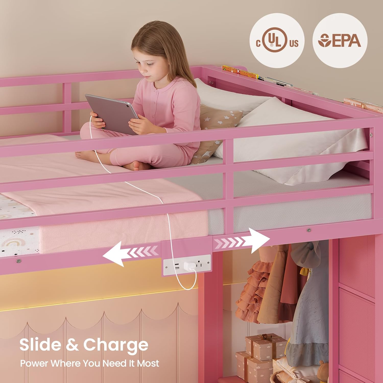 ADORNEVE Low Bunk Bed Twin Over Twin with Bookshelf, 4 Storage Drawers, Metal Kids Bunk Bed with Charging Station & RGB Lights, Clothing Rack & Shelves, Safety Guardrail & Ladder, for Girls, Pink
