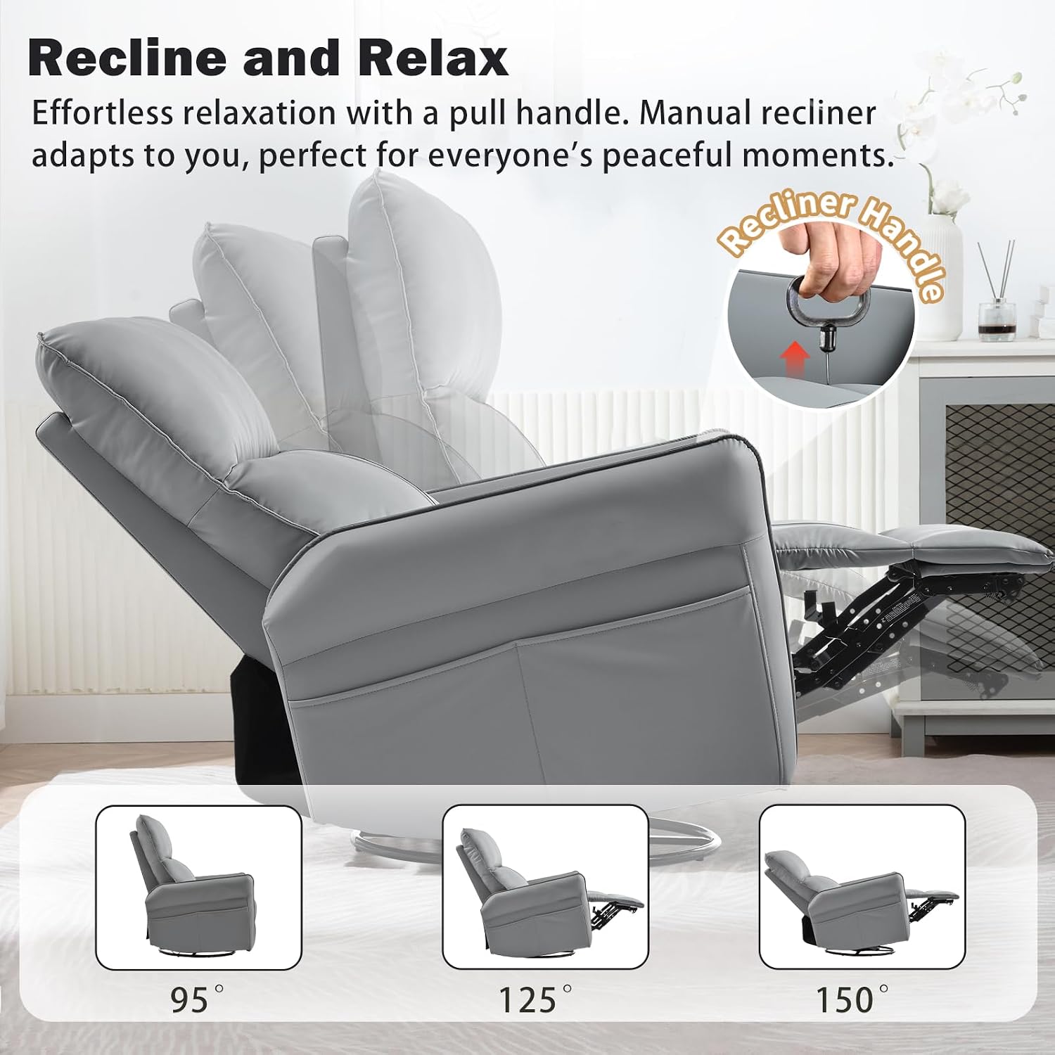 cinkehome Swivel Rocker Recliner, Glider Rocker Recliner Chair for Nursery, Overstuffed Manual Reclining Chair for Small Spaces, Living Room