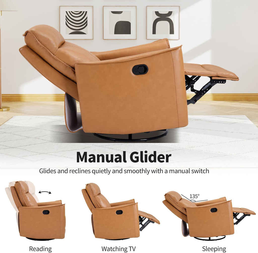Swivel Rocker Recliner Set of 2, Glider Rocking Chair, Nursing Chairs Swivel Glider Recliners with Soft Backrest, Leathaire Manual Reclining Sofa for Living Room Bedroom Apartment, Camel