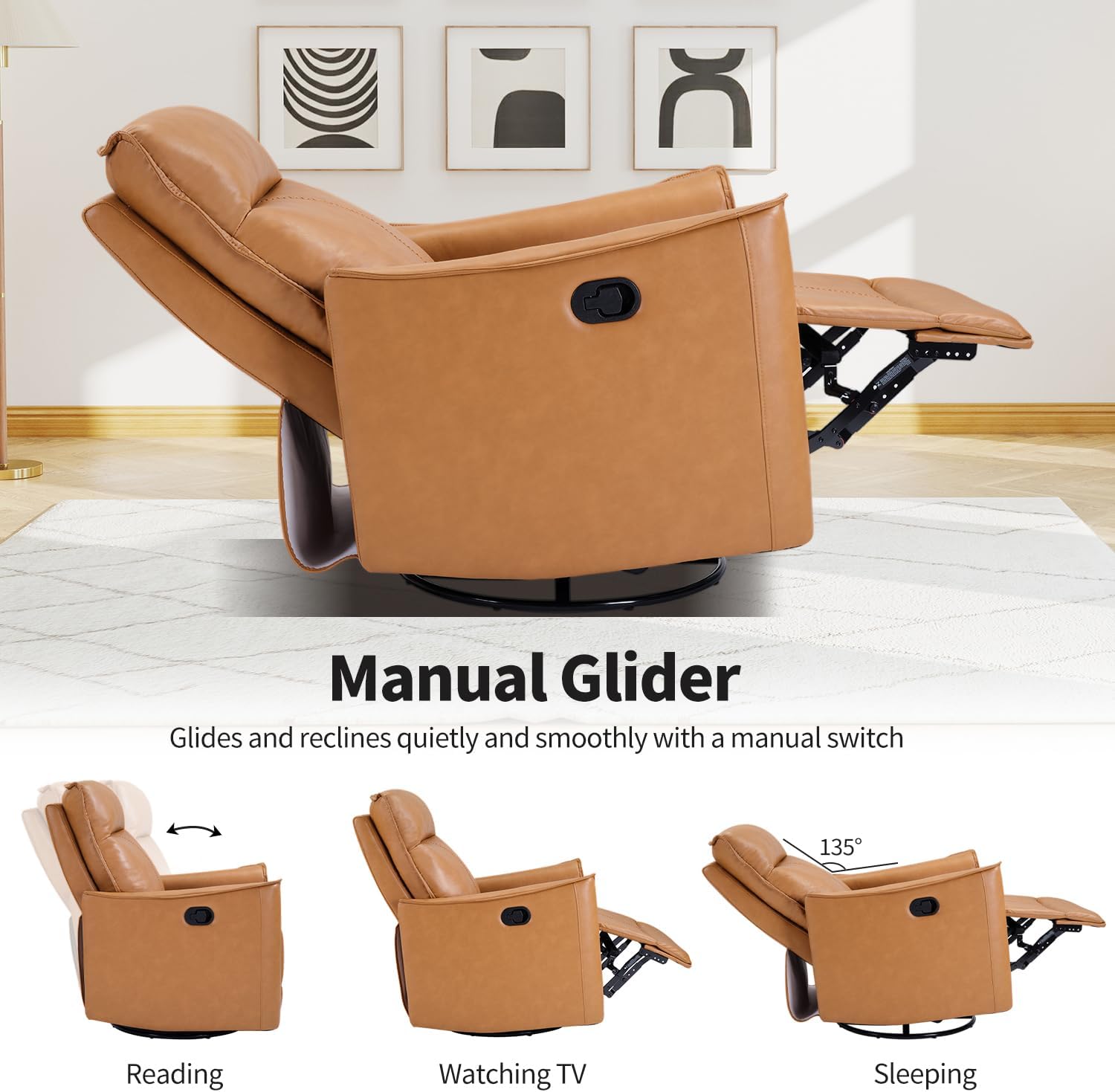 Swivel Rocker Recliner Set of 2, Glider Rocking Chair, Nursing Chairs Swivel Glider Recliners with Soft Backrest, Leathaire Manual Reclining Sofa for Living Room Bedroom Apartment, Camel