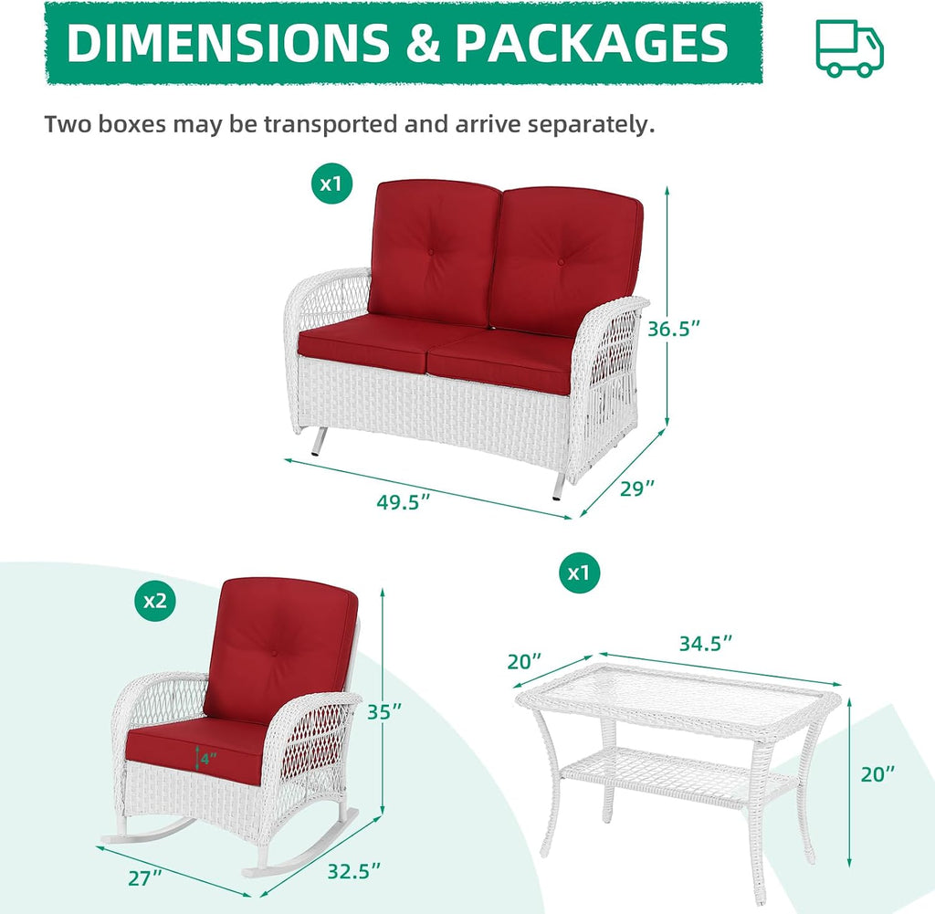VIVIJASON 4-Piece Outdoor Patio White Wicker Conversation Sets, All Weather Outdoor Rattan Furniture Set Includes Glider Loveseat, Coffee Table, 2 Rocking Chairs with Cushions for Backyard, Red