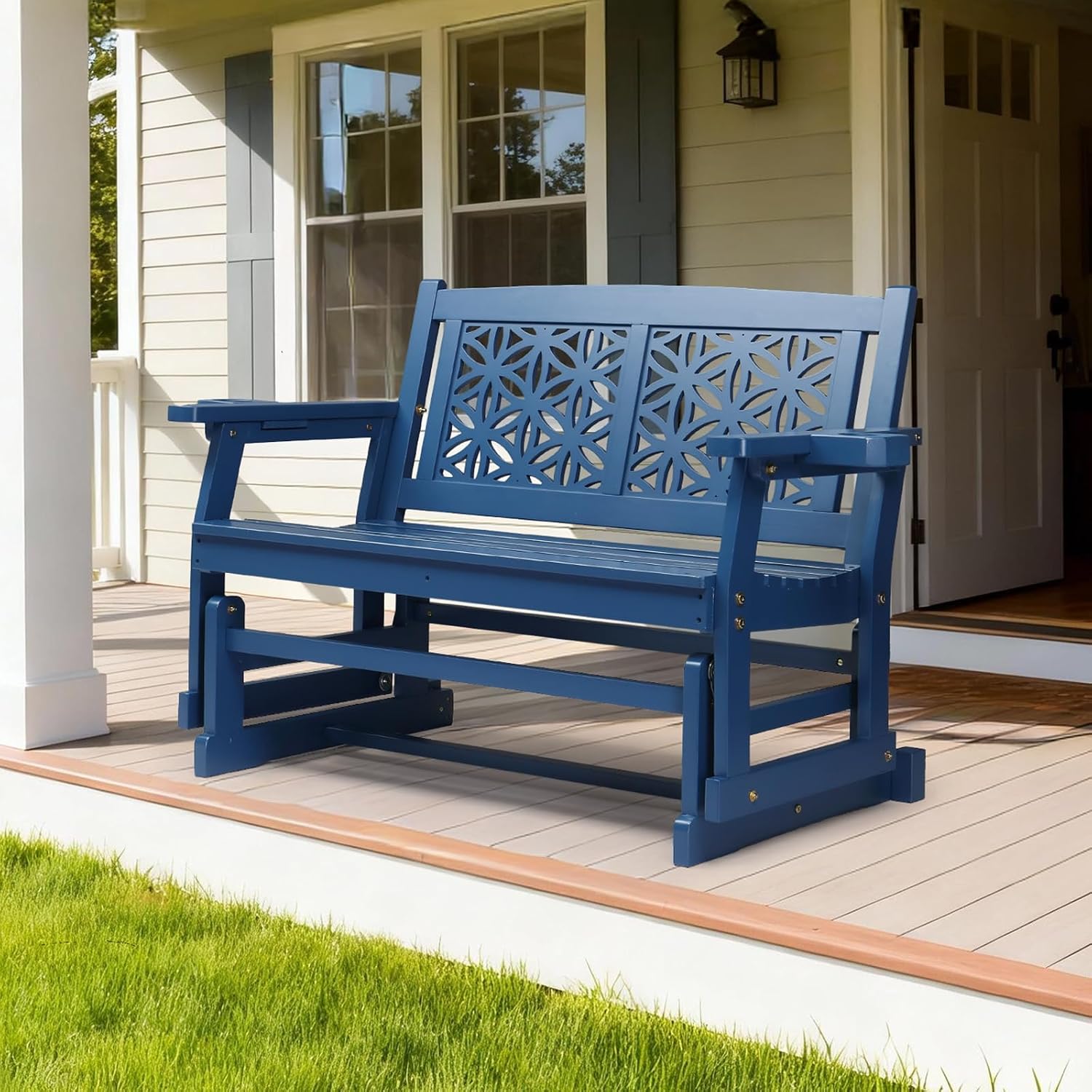 VINGLI Outdoor Glider for Adults, Patio Glider Love Seat with Cup Holders, Wooden Glider Bench with Floral Back for Garden, Yard, Patio, Blue