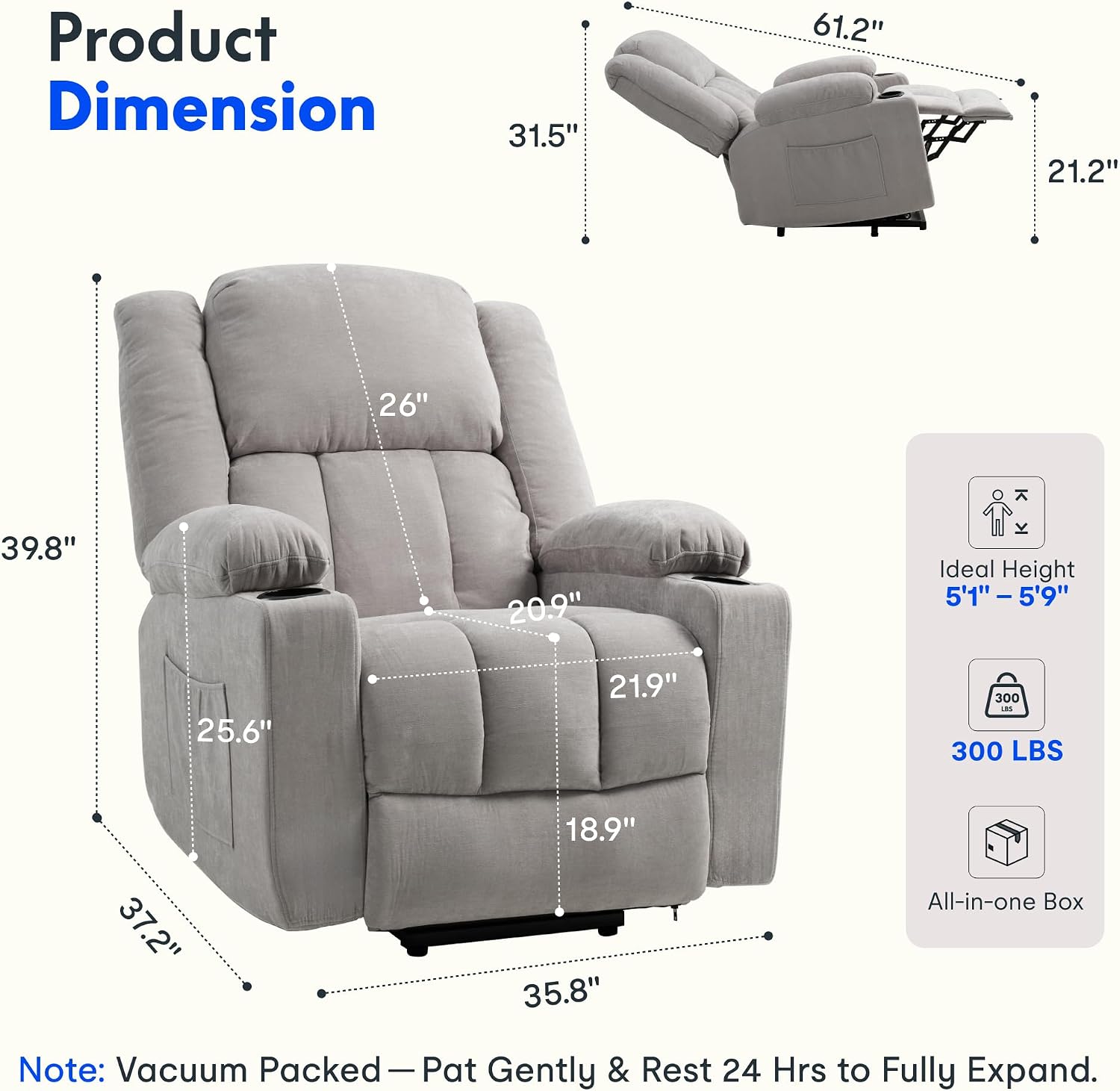 FLEXISPOT XL31 Power Lift Recliner Chair for Elderly, Electric Lift Chair with Massage & Heat, Fabric Reclining Sofa w/USB & Type-C Charging for Living Room Bedroom(Medium Size, Silver-Gray)