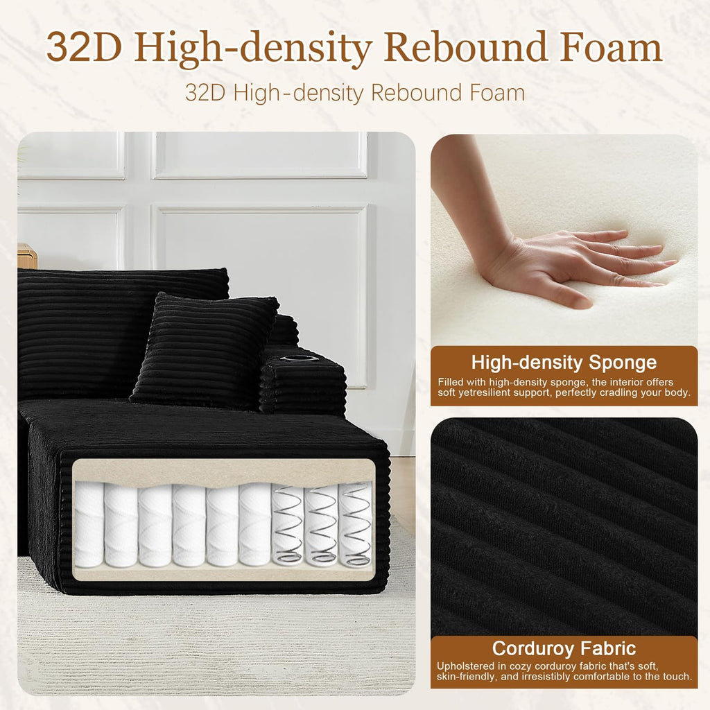 125' Modular Sectional Sleeper Sofa, Boneless Cloud Couch for Living Room, U Shaped 5 Seat Sofa with 2 Storage Pockets& 2 Cup Holders, Free Combination, No Assembly Required (Black, 125')