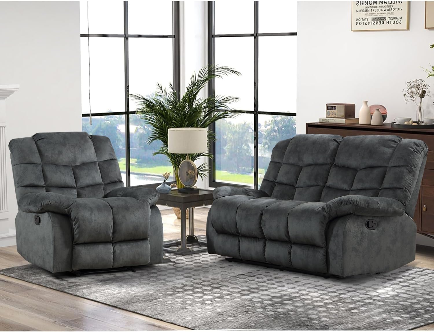 CANMOV Manual Reclining Sofa Set,2 Pieces Sofa Furniture Set for Living Room, Manual Recliner Chair and Recliner Loveseat with Arms for Living Room, Bedroom, Grey(1+2)