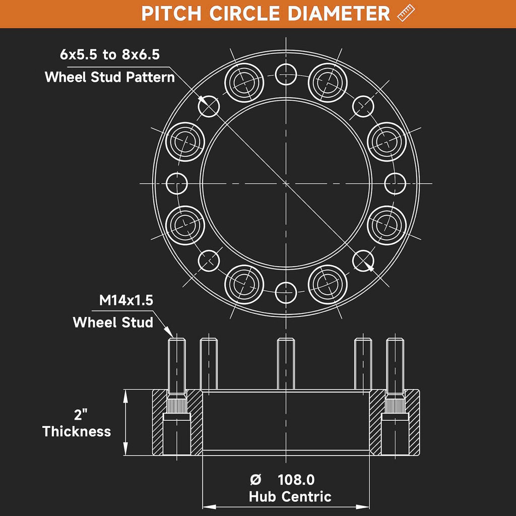 2 inch 6x5.5 to 8x6.5 Wheel Adapters with M14x1.5 Studs 108mm Hub Bore,Compatible with Silverado 1500,Sierra 1500,Tahoe,Yukon,Suburban 1500,4PC