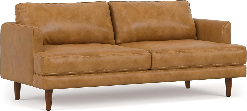 SIMPLIHOME Livingston Sofa - 76' Wide x 33' High Top Grain Genuine Leather Sofa in Sienna, Mid-Century Modern Loveseat for Living Room with Removable Feather-Wrapped Cushions and Solid Wood Frame