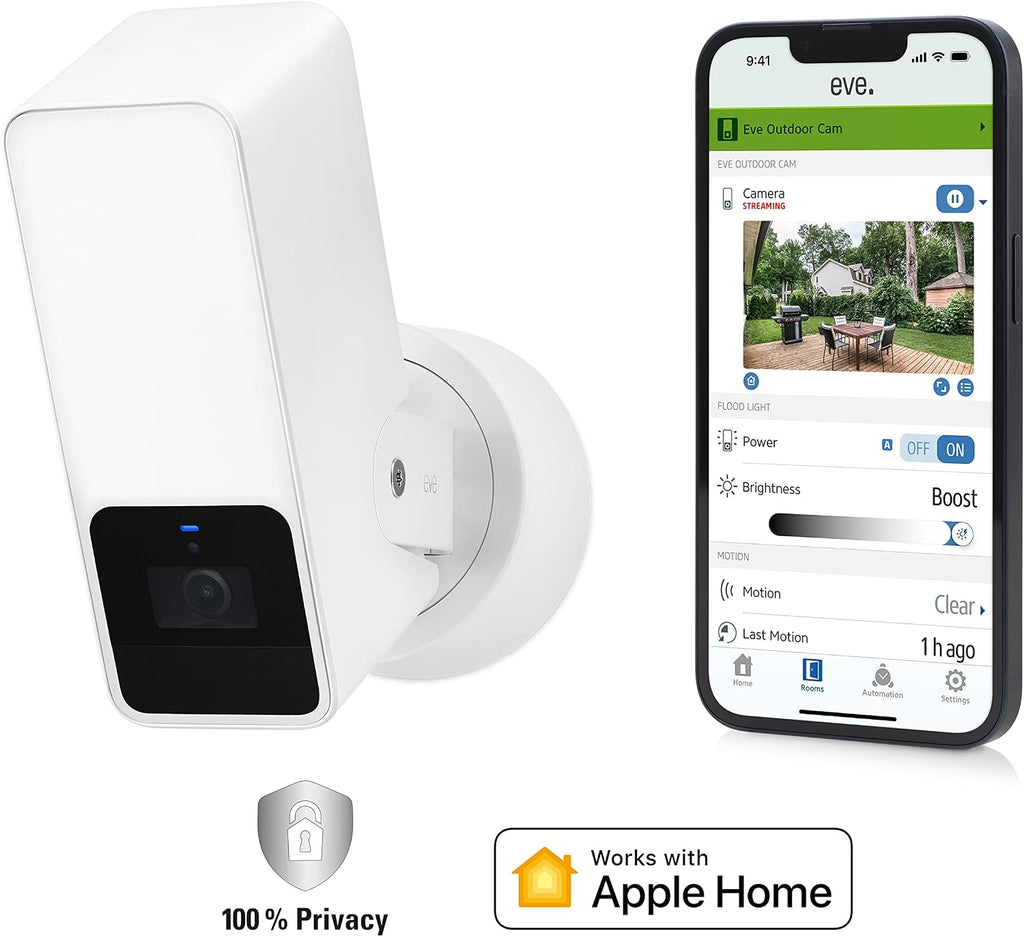 Eve Outdoor Cam (White Edition) – Secure floodlight Camera, (HomeKit Secure Video), 1080p, Night Vision, Wi-Fi (2.4 GHz), Motion Sensor, Two-Way Communication, Flexible & Easy Installation