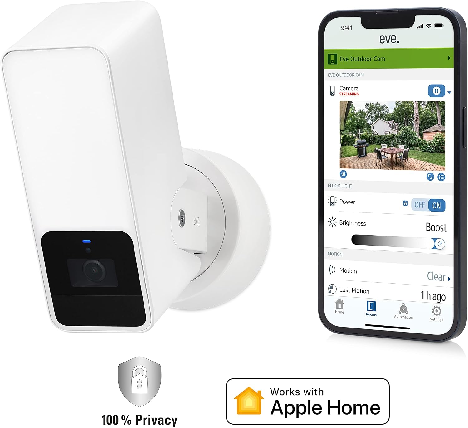 Eve Outdoor Cam (White Edition) – Secure floodlight Camera, (HomeKit Secure Video), 1080p, Night Vision, Wi-Fi (2.4 GHz), Motion Sensor, Two-Way Communication, Flexible & Easy Installation