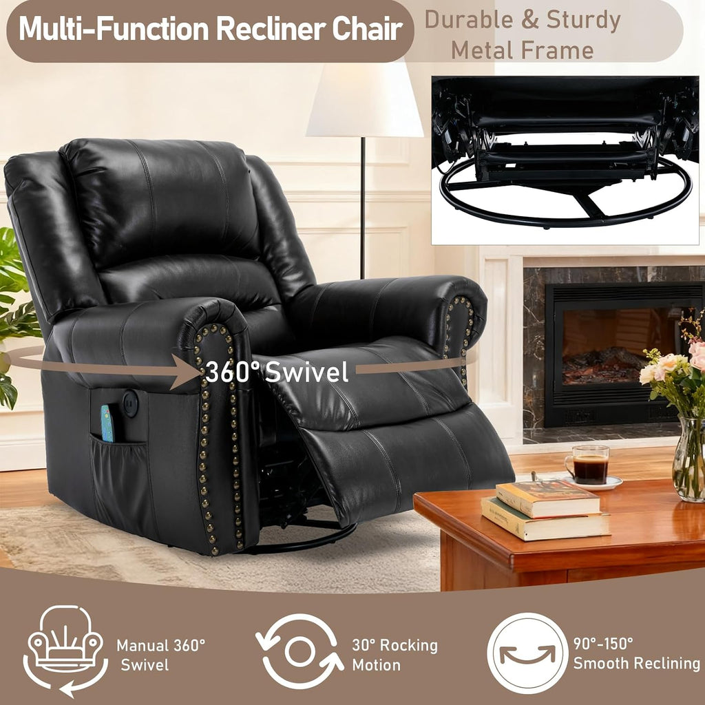 Manual Massage Swivel Rocker Recliner with Heat and Vibration, 360° Swivel Glider Rocking Recliner Chair, Classic Living Room Lounge Recliners with Side Pockets & USB Ports, Black