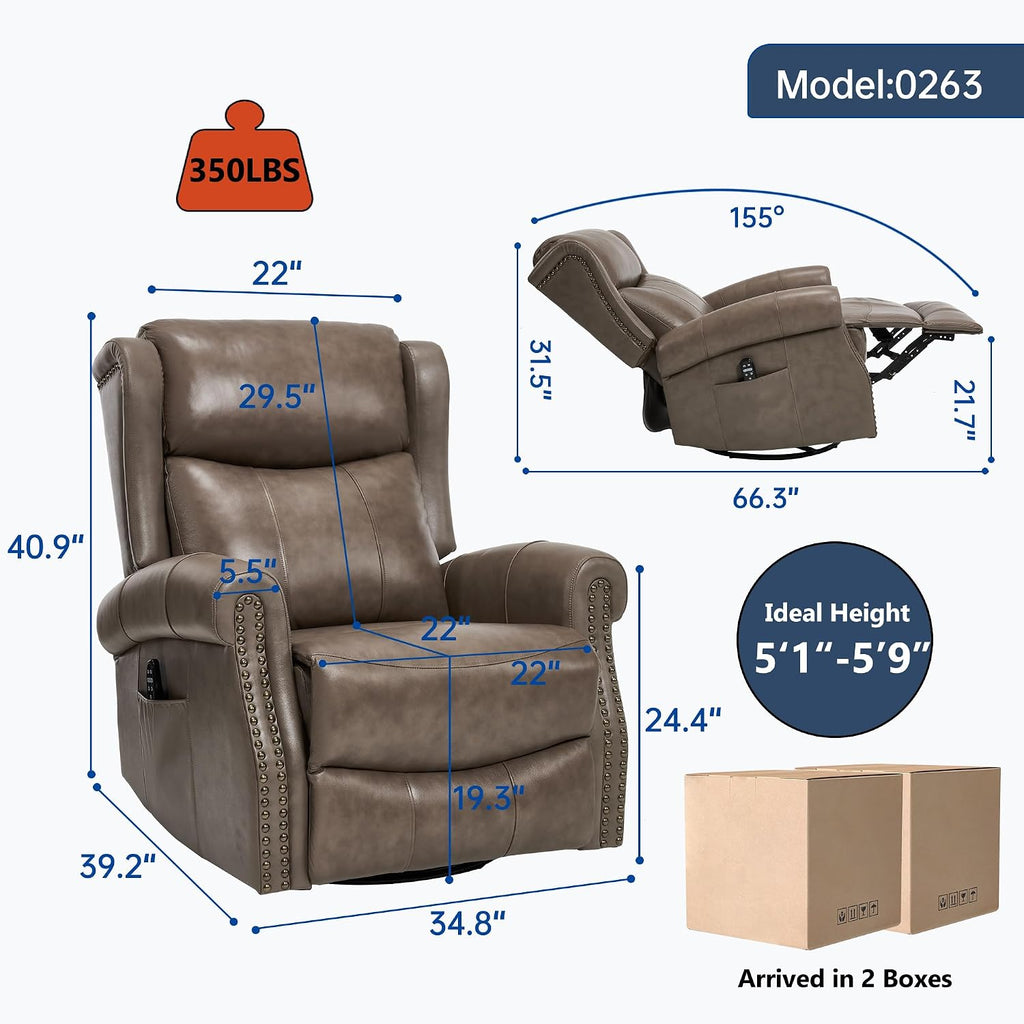 360° Swivel Glider Chair for Nursery, Wingback Genuine Leather Rocking Recliner with Lumbar Heat & Massage, 8-Point Vibration Massage for Living Room Bedroom