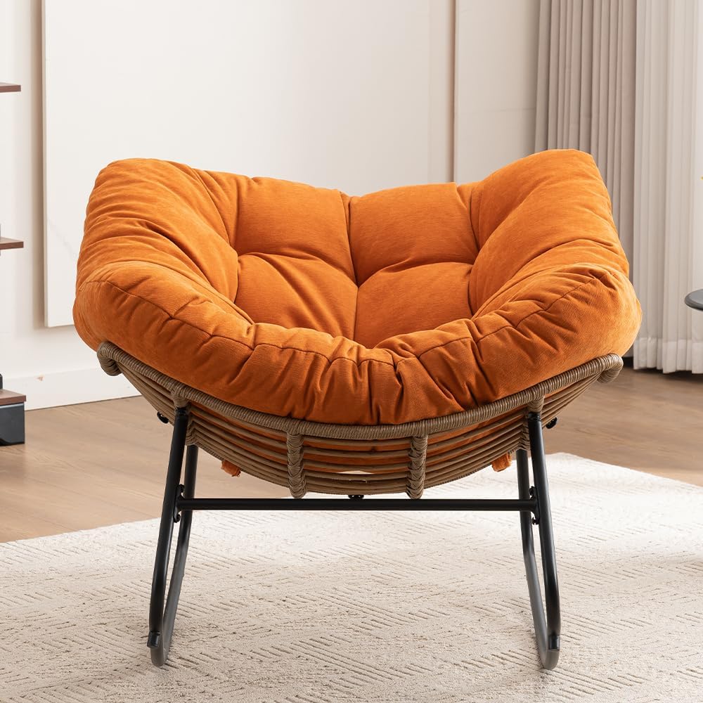 Outdoor Papasan Chair, Oversized Rocking Chair with Cushion and Metal Frame, Patio Lounge Rocking Chair for Balcony Backyard Porch Bedroom Living Room (Orange)
