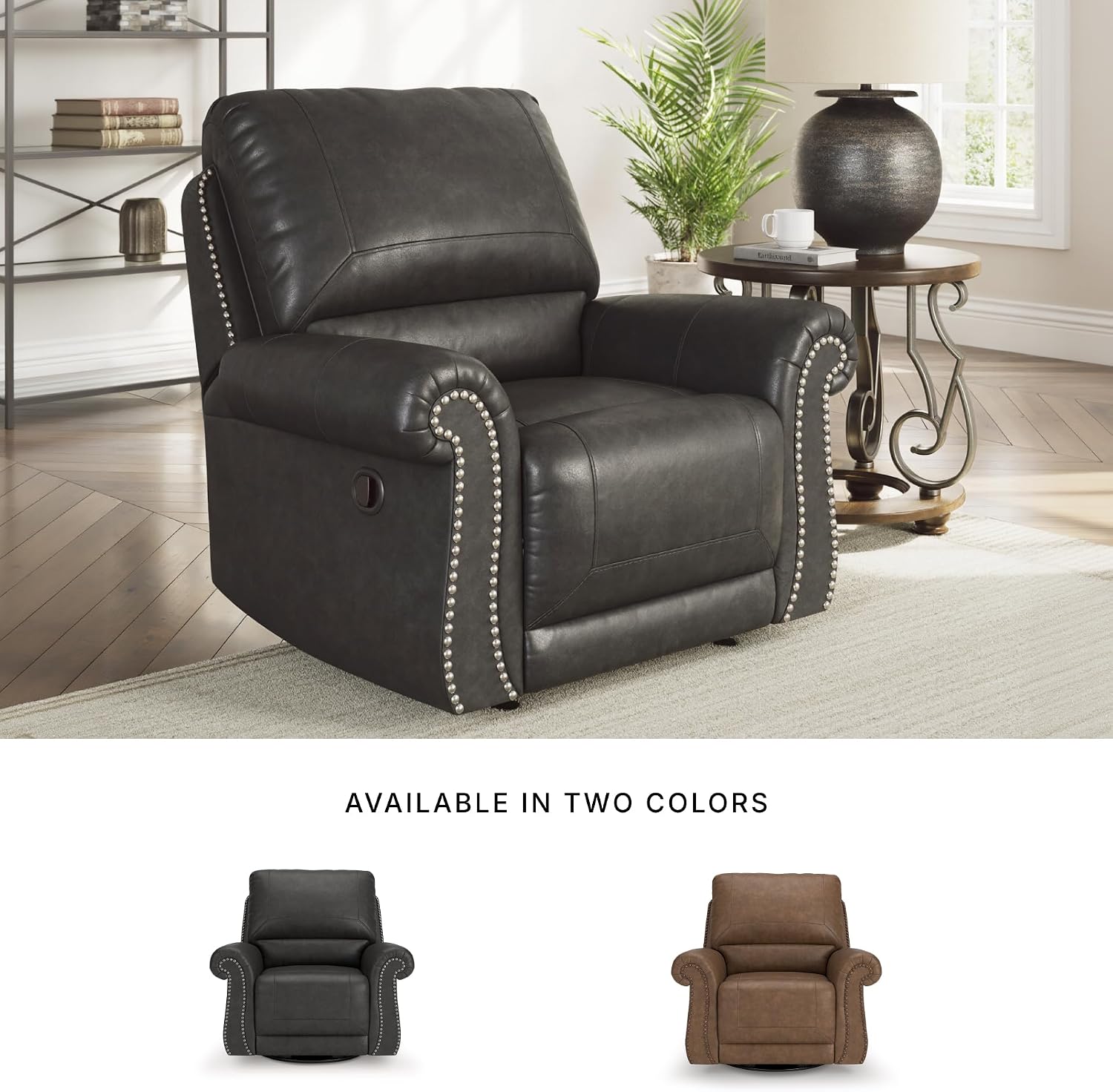 Signature Design by Ashley Shadsburne Classic Faux Leather Manual Rocker Swivel Glider Recliner with Nailhead Trim, Reinforced Frame and Metal Seat Box, 360-Degree Swivel, Black