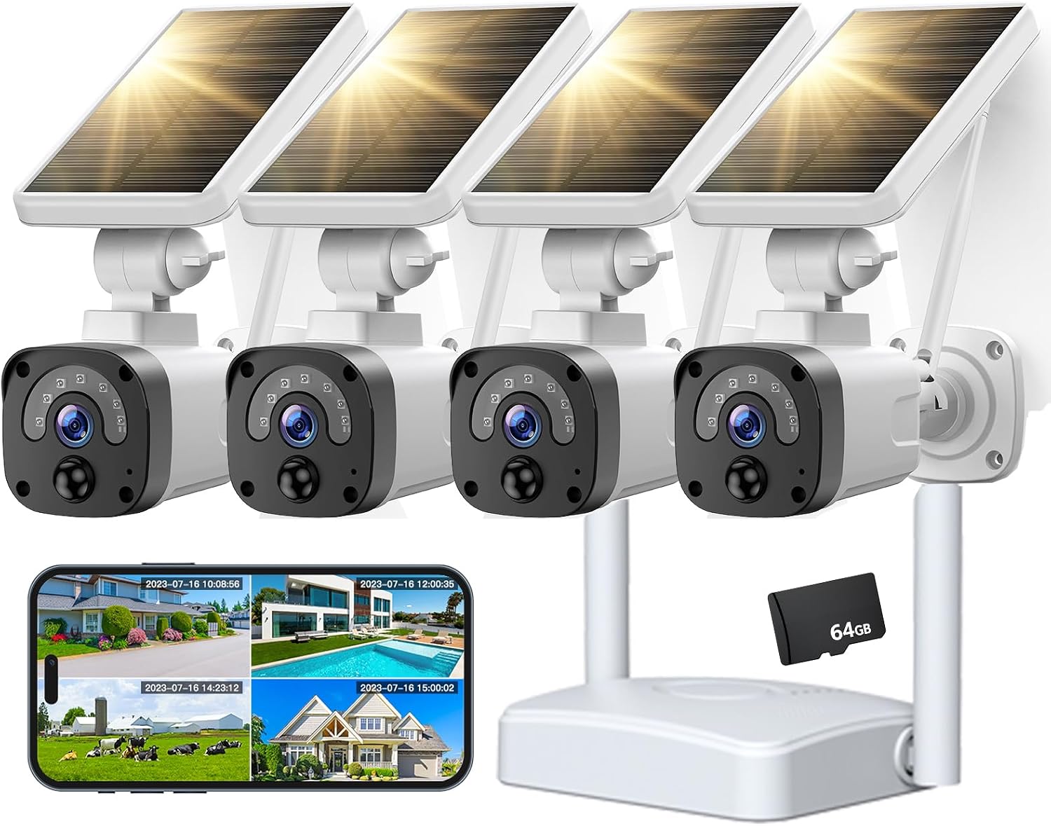 4MP Security Cameras Wireless Outdoor, Powered Solar Camera Outdoor Wireless, 10x Zoom, 120° View, Two-way audio, PIR Motion Detection, 64GB Local Storage, CAMCAMP 4-Cam Kit for Home CCTV Surveillance