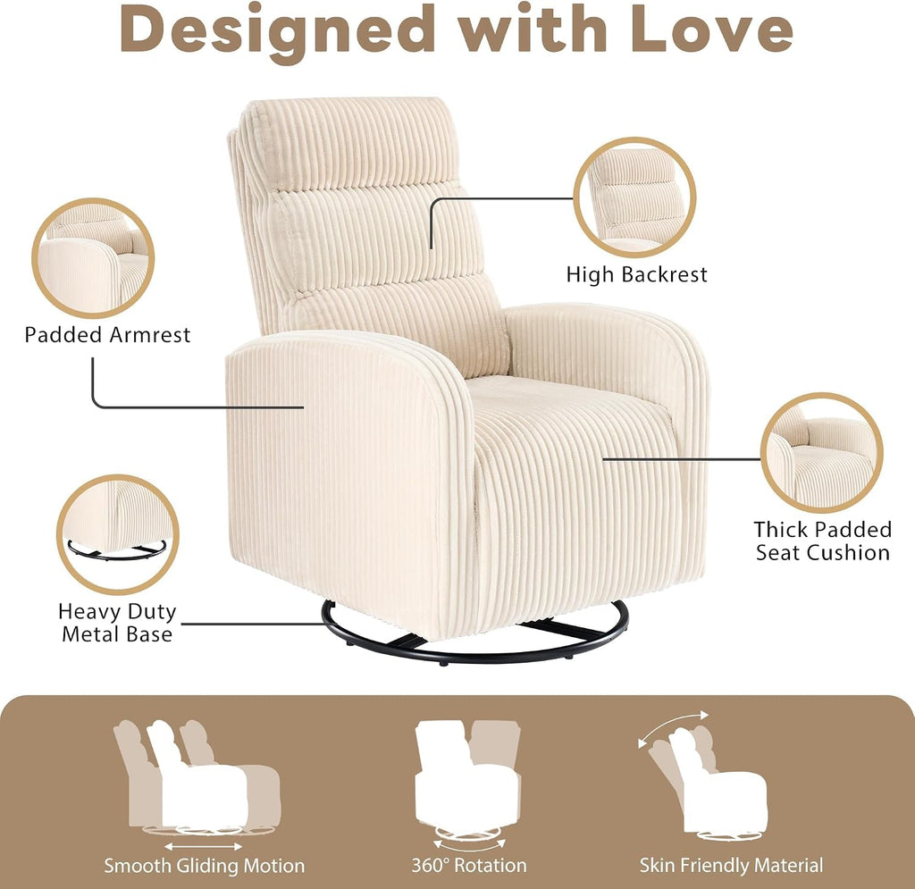 Swivel Rocker Chair, 360°Swivel Rocker Chairs with High Back Arms, Rocking Lazy Boy Chairs, Upholstered Swivels Corduroy Glider for Living Room, Bedroom, Nursing, Beige