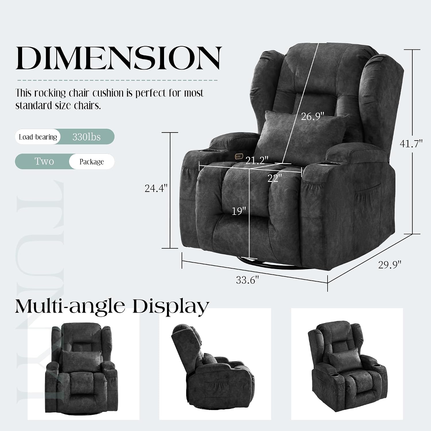 TUNYI Power Recliner Chair - Velvet Home Theater Seating Glider Reclining Sofa with Massage & Heat Swivel Rocker Recliner Chair for Living Room with LED Light/USB Port/Lumbar Pillow (VelGrey)