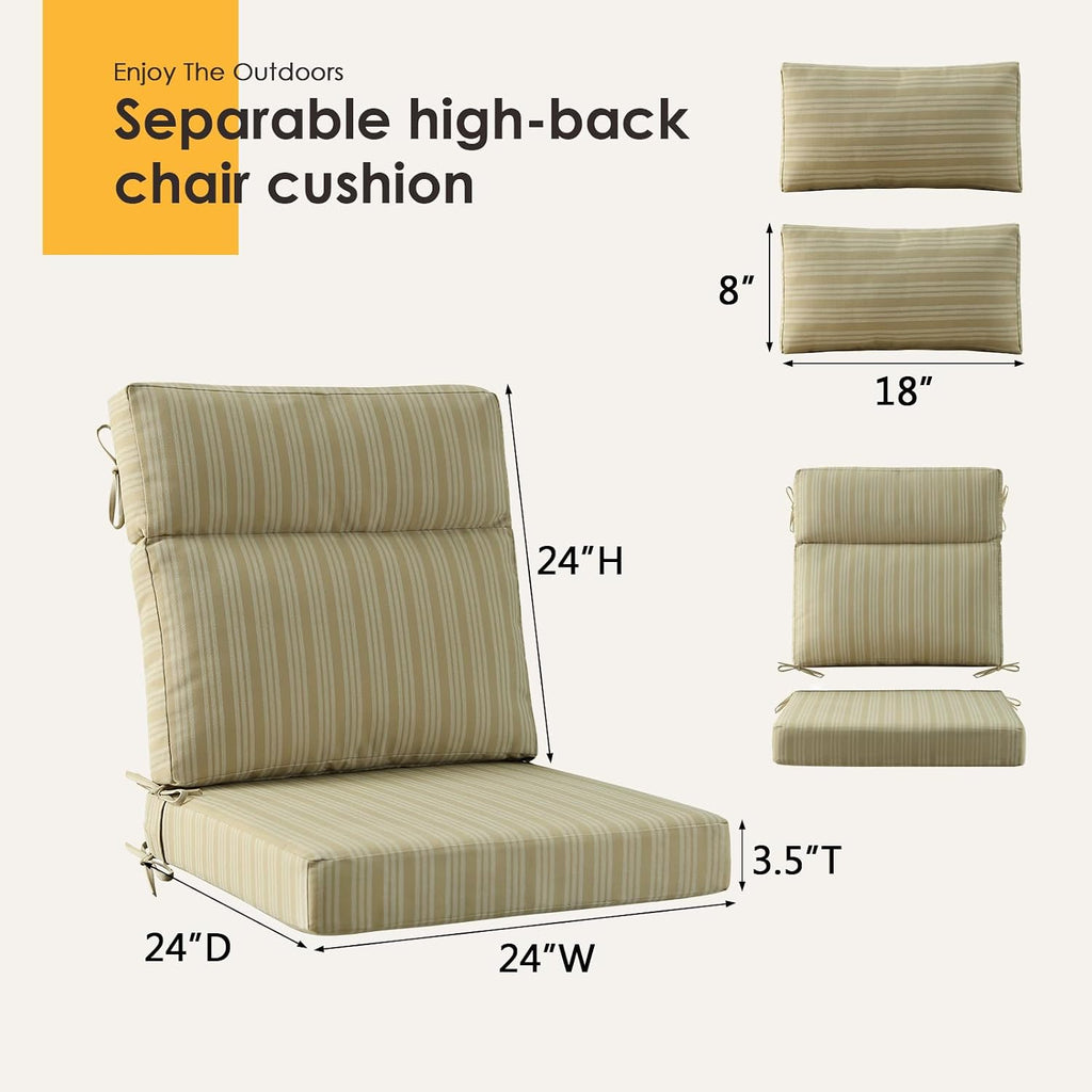 Outdoor High Back Chair Cushion, 2 Pack 48 x 24 inches Patio Chair Cushions Water Repellent Rocking Cushions Indoor Furniture Seat Pad with 2 Pillows, Beige Brown Stripe
