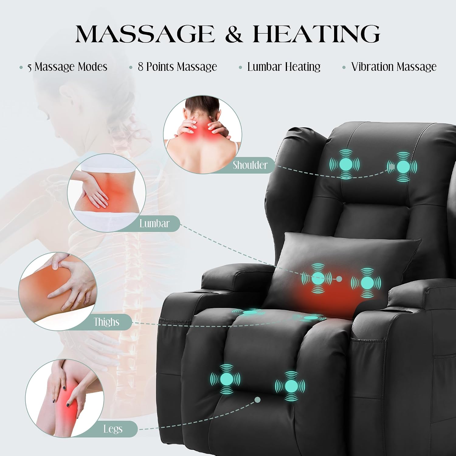 TUNYI Power Recliner Chair - Faux Leather Home Theater Seating Glider Reclining Sofa with Massage & Heat Swivel Rocker Recliner Chair for Living Room with LED Light/USB Port/Lumbar Pillow (Black)