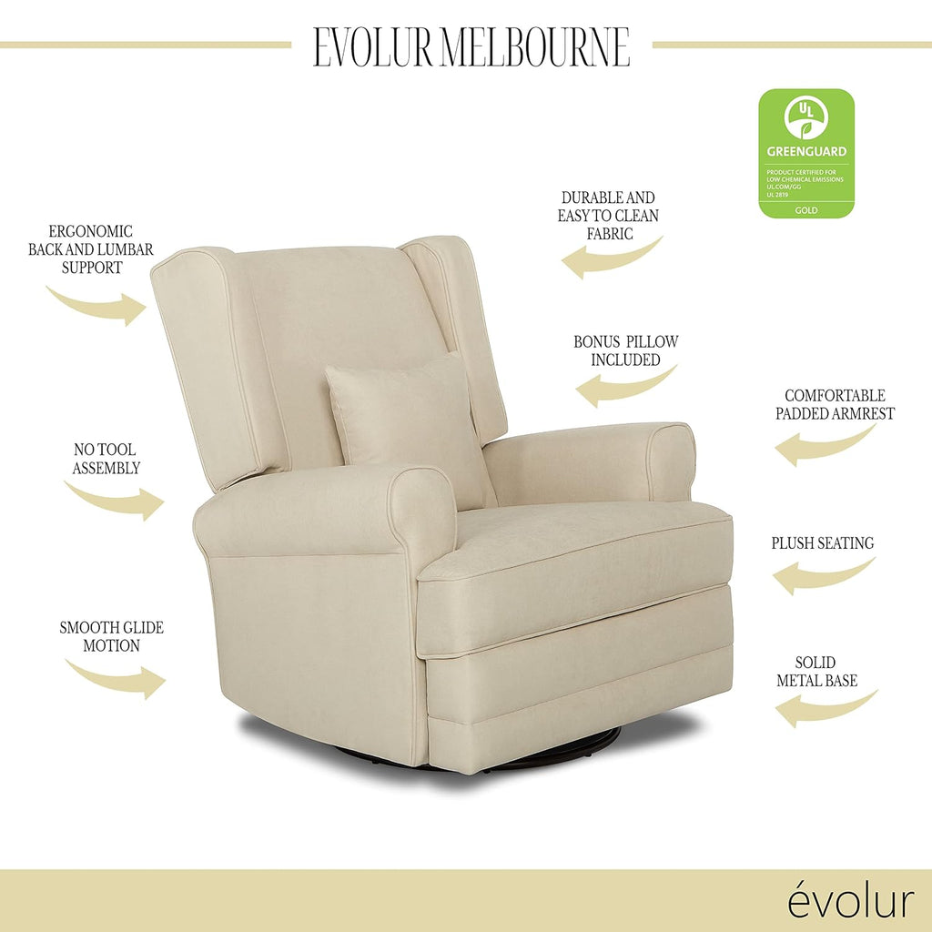 Evolur Melbourne Wing Back Swivel Glider I Nursery Glider I Durable Soft Fabric I Bonus Pillow