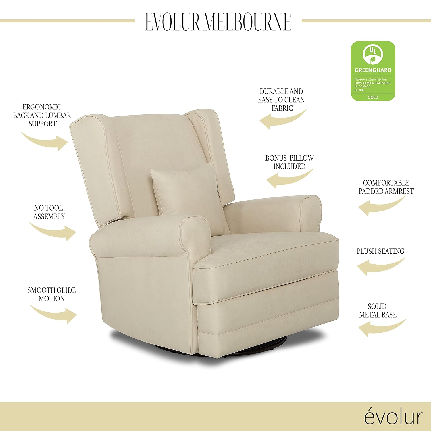 Evolur Melbourne Wing Back Swivel Glider I Nursery Glider I Durable Soft Fabric I Bonus Pillow