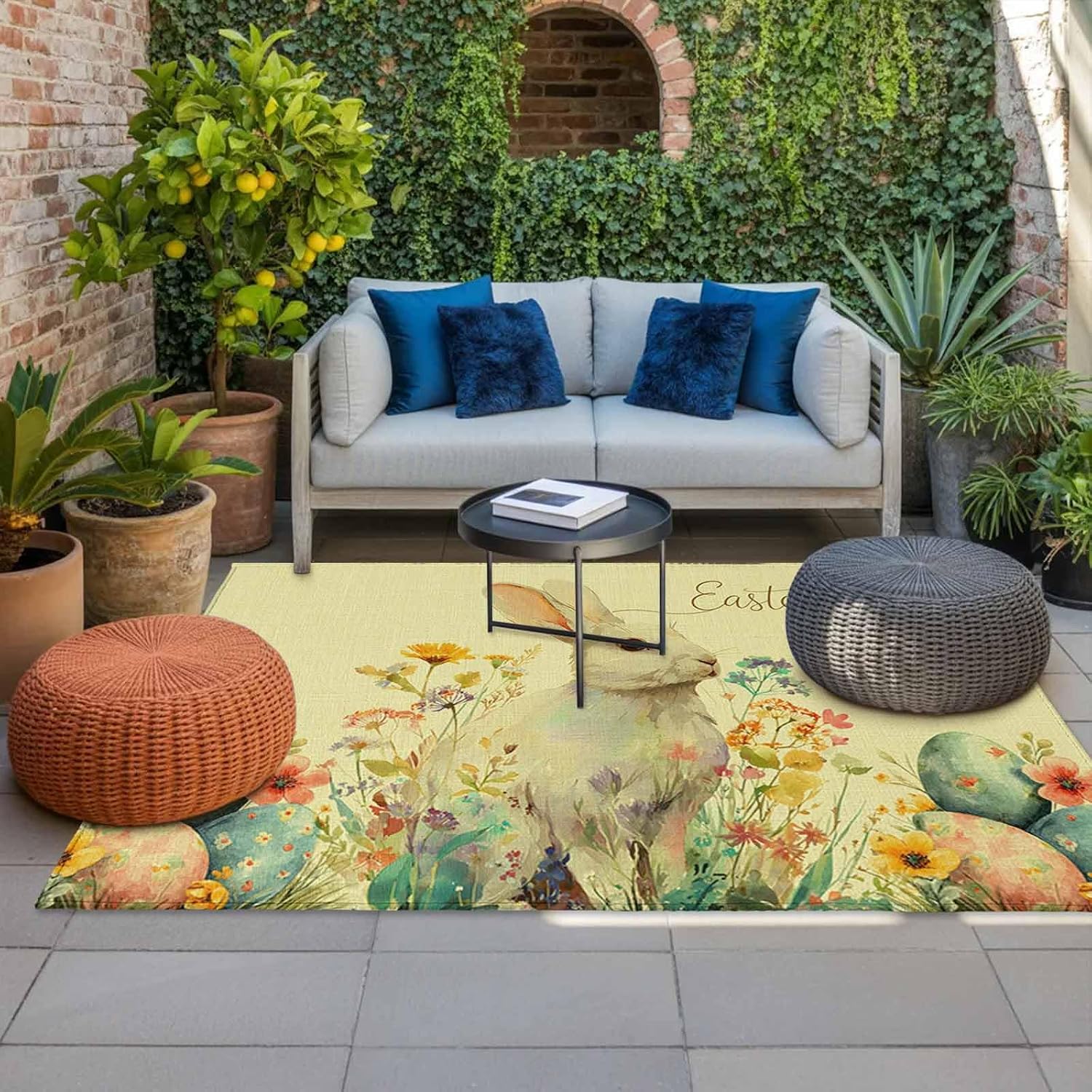 Easter Bunny Outdoor Rug for Patio/Deck/Porch, Non-Slip Large Area Rug 5 x 7 Ft, Yellow Rabbit Spring Flowers Leaves Rustic Plants Indoor Outdoor Rugs Washable Area Rugs, Camping Rug Carpet Runner
