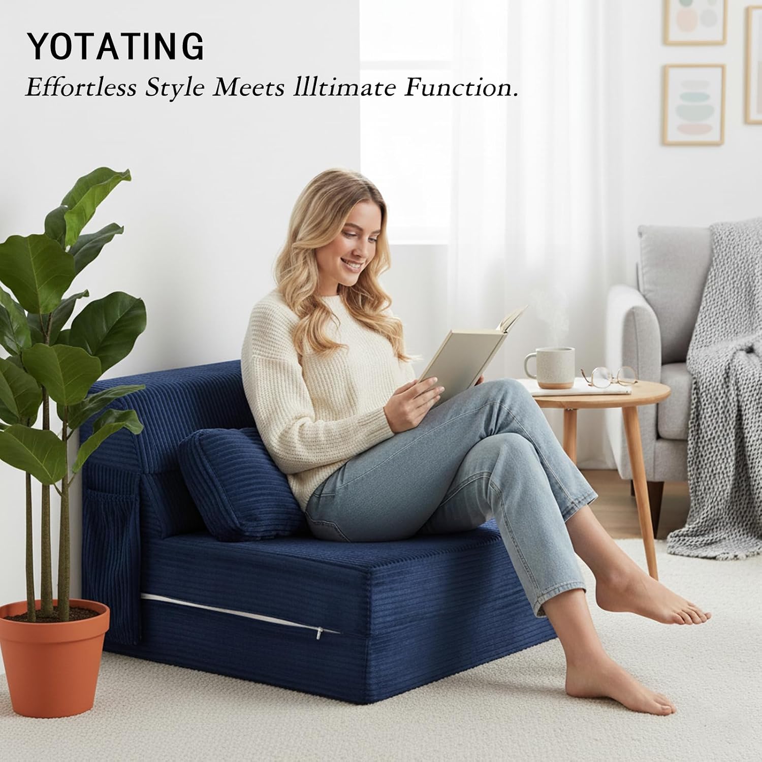 Folding Sofa Bed with Pillow, Convertible Sleeper Chair, Comfy Floor Futon Couch Mattress Lounge Sofa for Adults Portable Fold Out Chair Bed for Living Room Bedroom, Single, Navy Blue