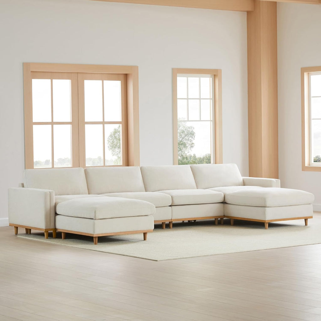 CHITA Super Large Luxury U Shape Convertible Sectional Modular Sofa, Down Filled Modern Sofa, Deep Seat Cloud Couch, 153 inch Width, 6 Seat Couch with Chaise, 2 Ottomans, Solid Wood Leg, Linen