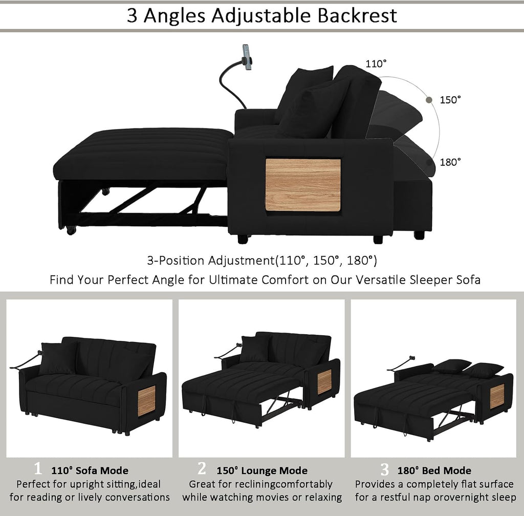Convertible Sofa Bed, Pull Out Couch with 3-Position Reclining Backrest, Modern Velvet Upholstery Futon Sofa Bed, Loveseat Couch for Living Room, Apartments & Guest Rooms (Black-2)