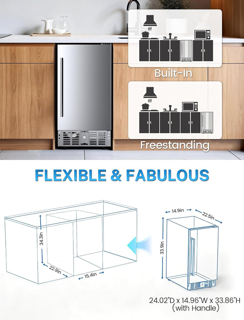 Electactic 15 Inch Outdoor Beverage Refrigerator, Undercounter Beverage Cooler with Stainless Steel Door, Built-in & Freestanding Drink Fridge for Beer Wine Soda, Outdoor Fridge for Patio Home Kitchen