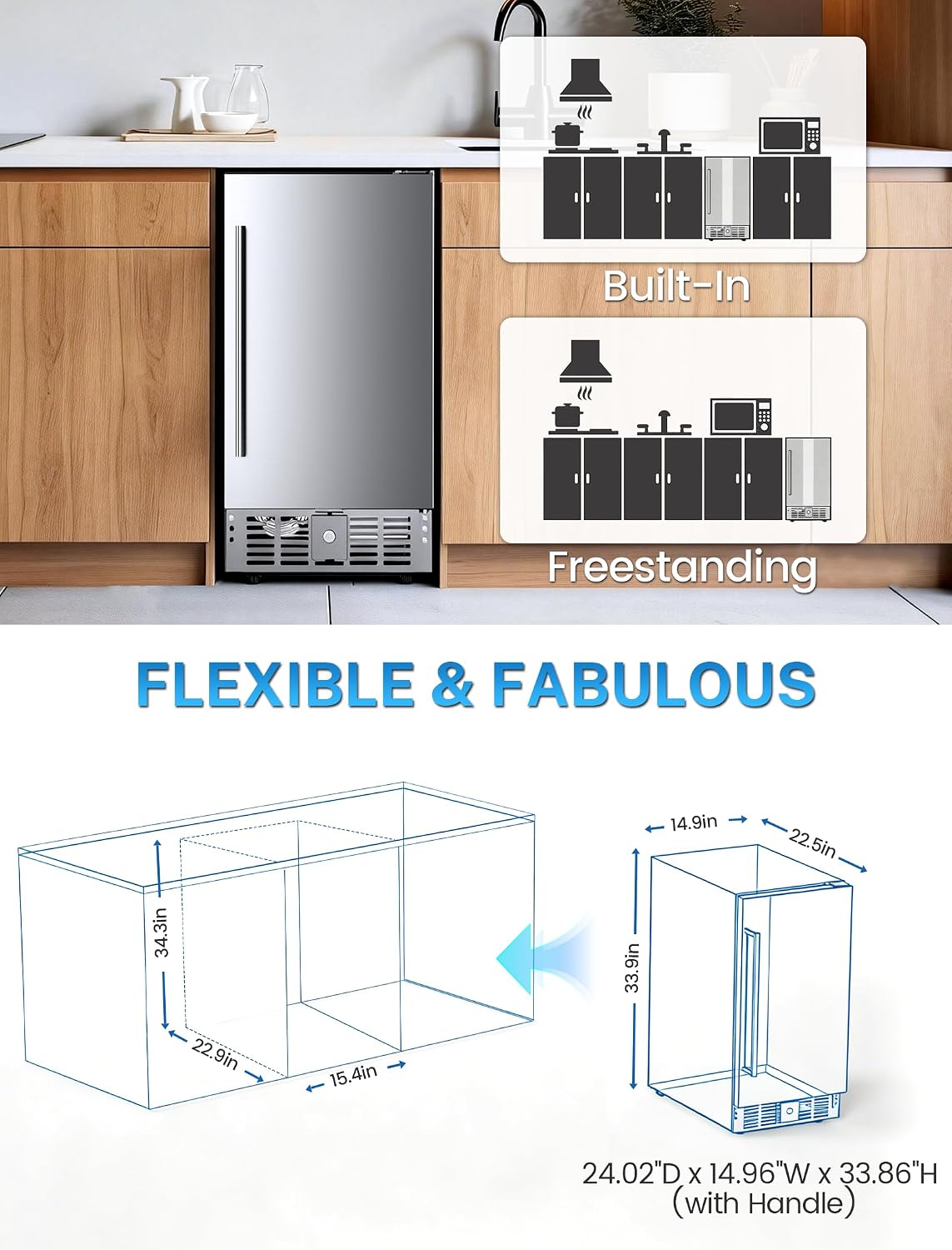 Electactic 15 Inch Outdoor Beverage Refrigerator, Undercounter Beverage Cooler with Stainless Steel Door, Built-in & Freestanding Drink Fridge for Beer Wine Soda, Outdoor Fridge for Patio Home Kitchen