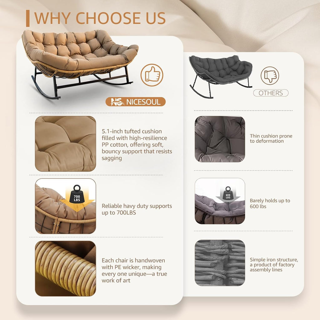 NICESOUL Patio Papasan Rocking Chair for 2, Indoor Outdoor Double Egg Recliner Rocker w/Padded Cushion, Large Wide Oversized Rattan Lounge Glider for Living Room Balcony Inside Outside, Brown