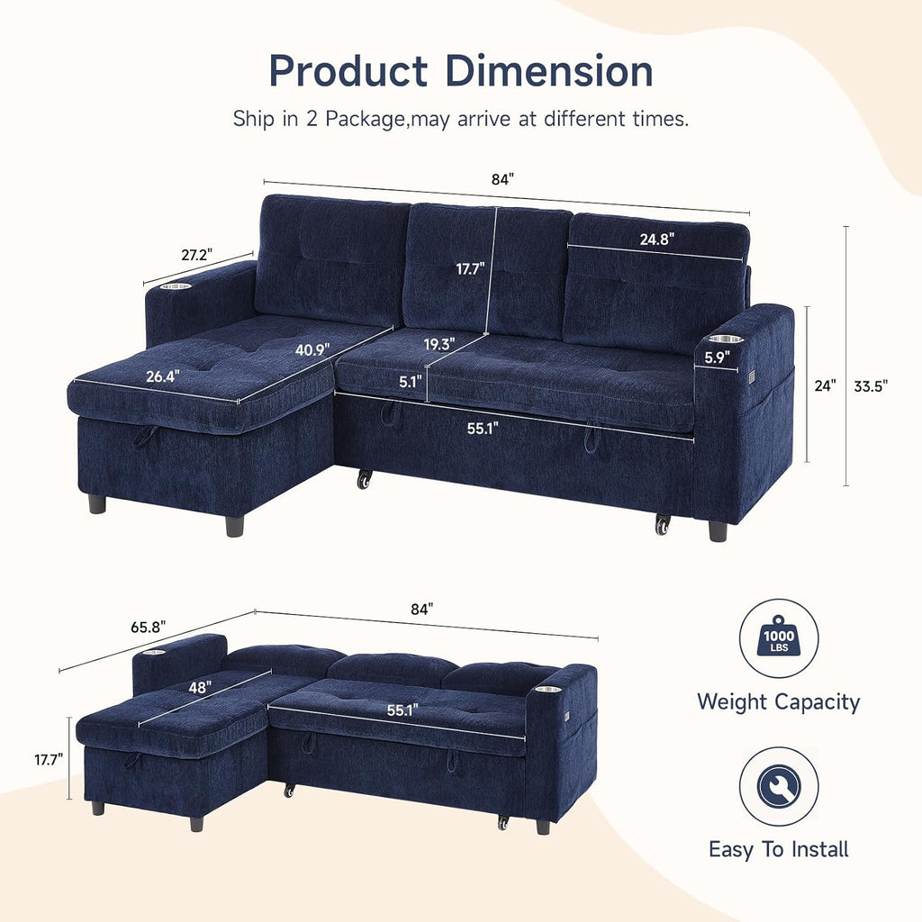 ONBRILL Sleeper Sofa,Pull Out Couch Bed with Storage Chaise,L Shaped Cloud Couch with Adjustable Backrest,Sectional Couches for Living Room,Apartment,Tool-Free Assembly, Chenille,Blue