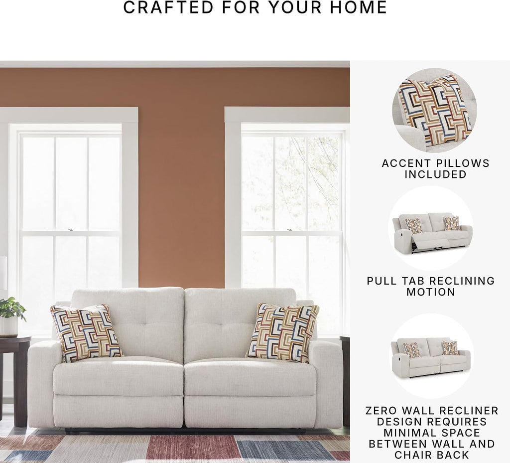 Signature Design by Ashley Danum Modern Tufted Manual Reclining Sofa with 2 Accent Pillows, Beige