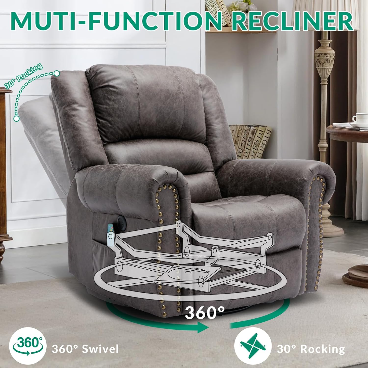 VIVIJASON Massage Swivel Rocker Recliner Chair with Heat & Vibration, 360° Swivel Manual Glider Rocking Reclining Chair with Remote Control, Side Pockets & USB Ports for Living Room, Smoky Gray