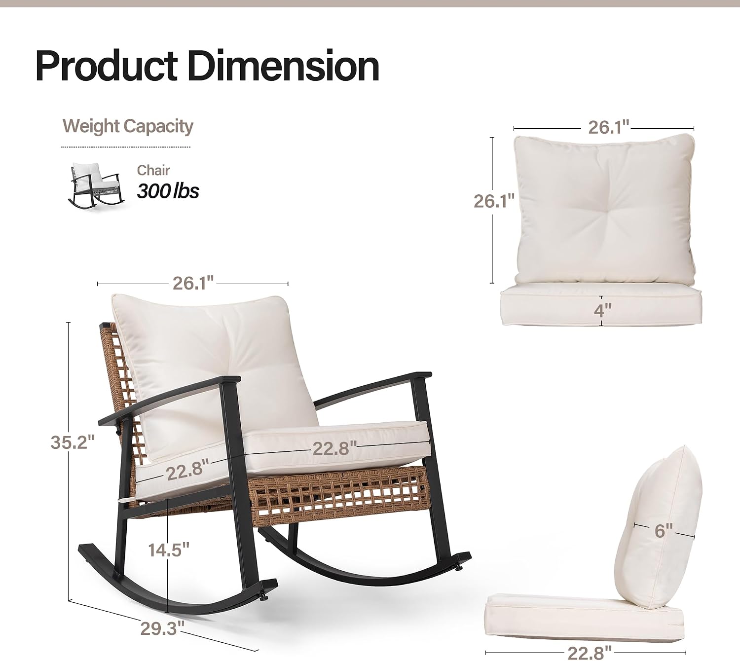 LAUSAINT HOME Outdoor Wicker Rocking Chair, Oversized Patio Chair Comfy Rocker Chair with Thick Cushion, Modern Cozy Lounge Chair for Living Room,Bedroom,Garden(Beige)