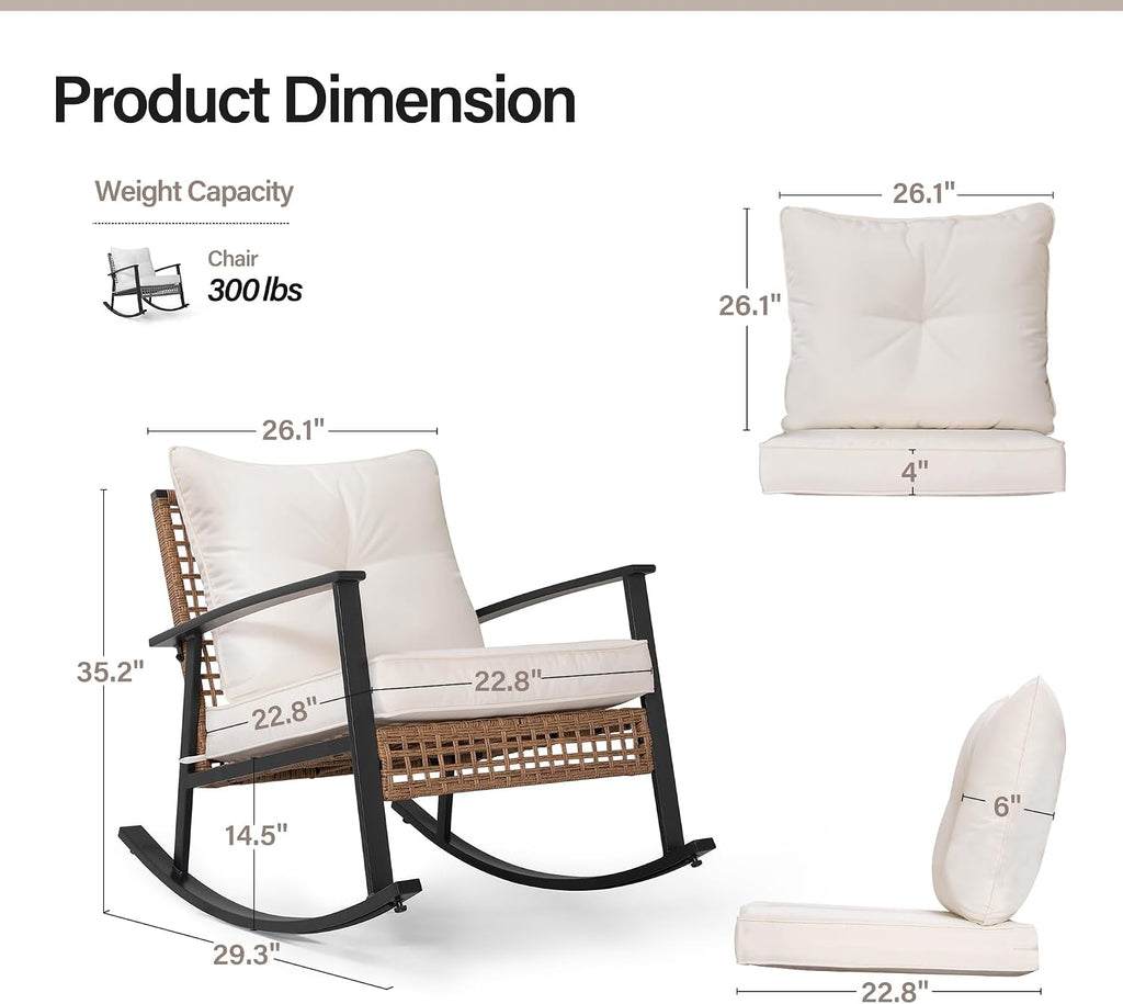 LAUSAINT HOME Wicker Rocking Chair Set of 2, Oversized Patio Chair Comfy Rocker Chair with Thick Cushion, Modern Cozy Lounge Chair for Living Room,Bedroom(Beige)