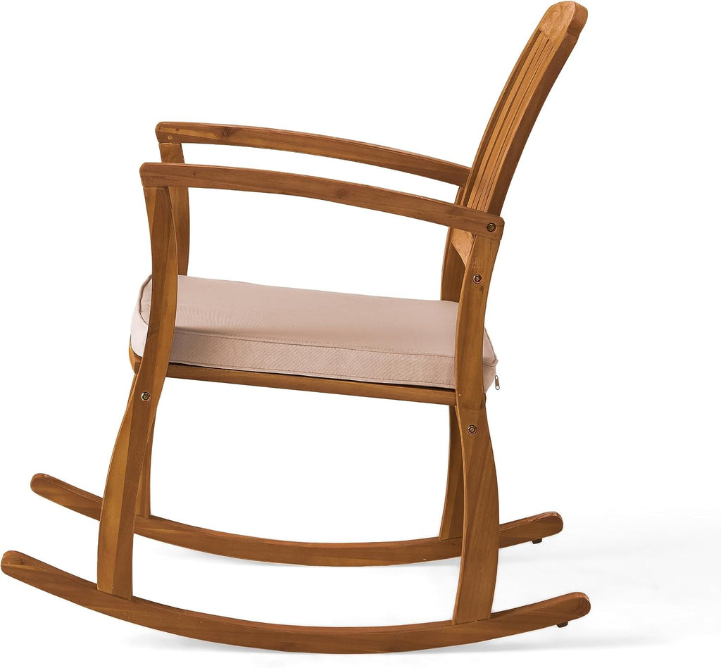 Acacia Wood Outdoor Rocking Chair with Cushions,Weather-Resistant Hardwood & Included Water-Resistant Cushions， Comfortable Slat Back Design for GardenLawn