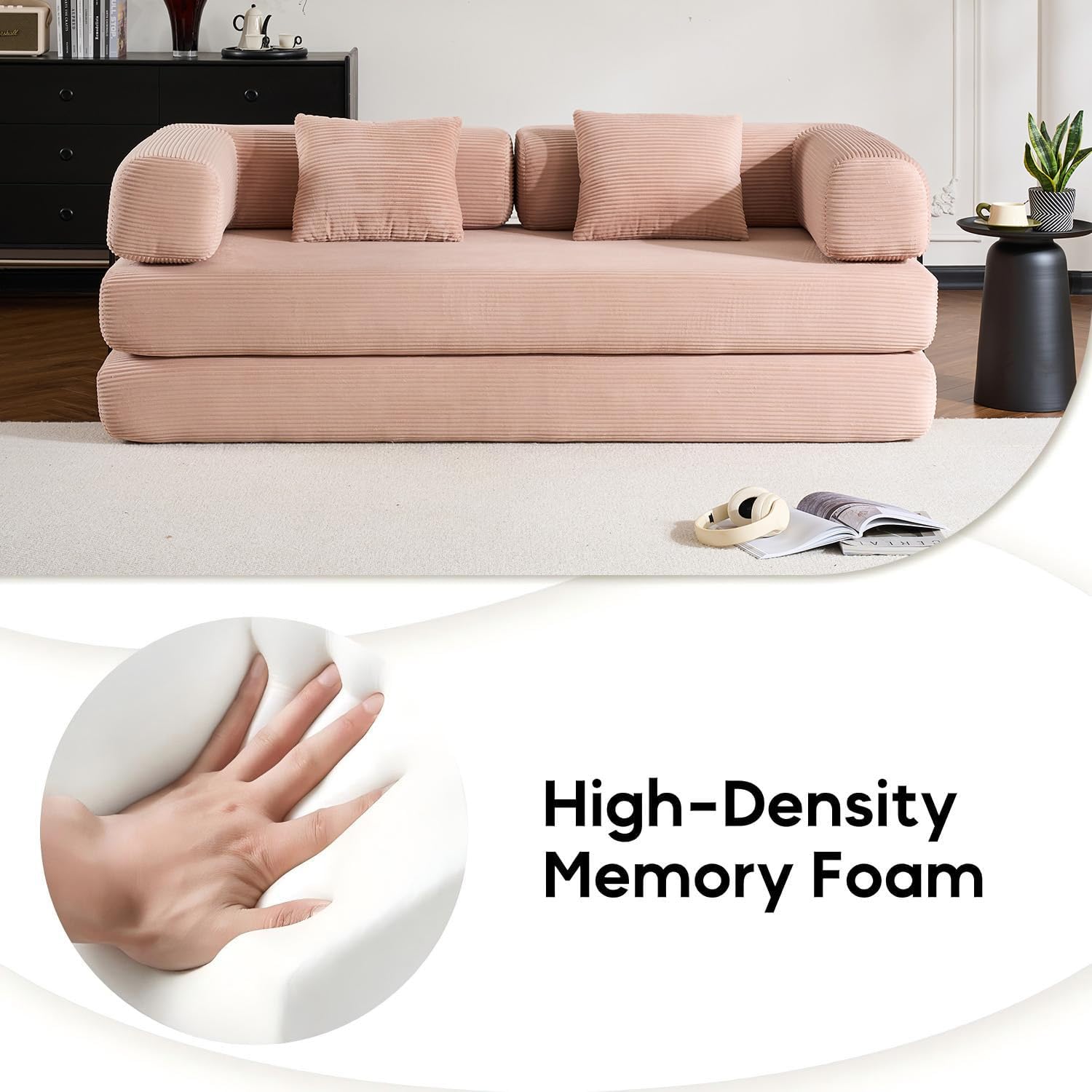 ZEIINPA Convertible Folding Couch Bed, Comfy Corduroy Sleeper Floor Sofa Bed with Fixed-Shape Frame, Floor Sofa with Armrest, Lounge Couch for Living Room Bedroom Lounge Studio,Pale Pink