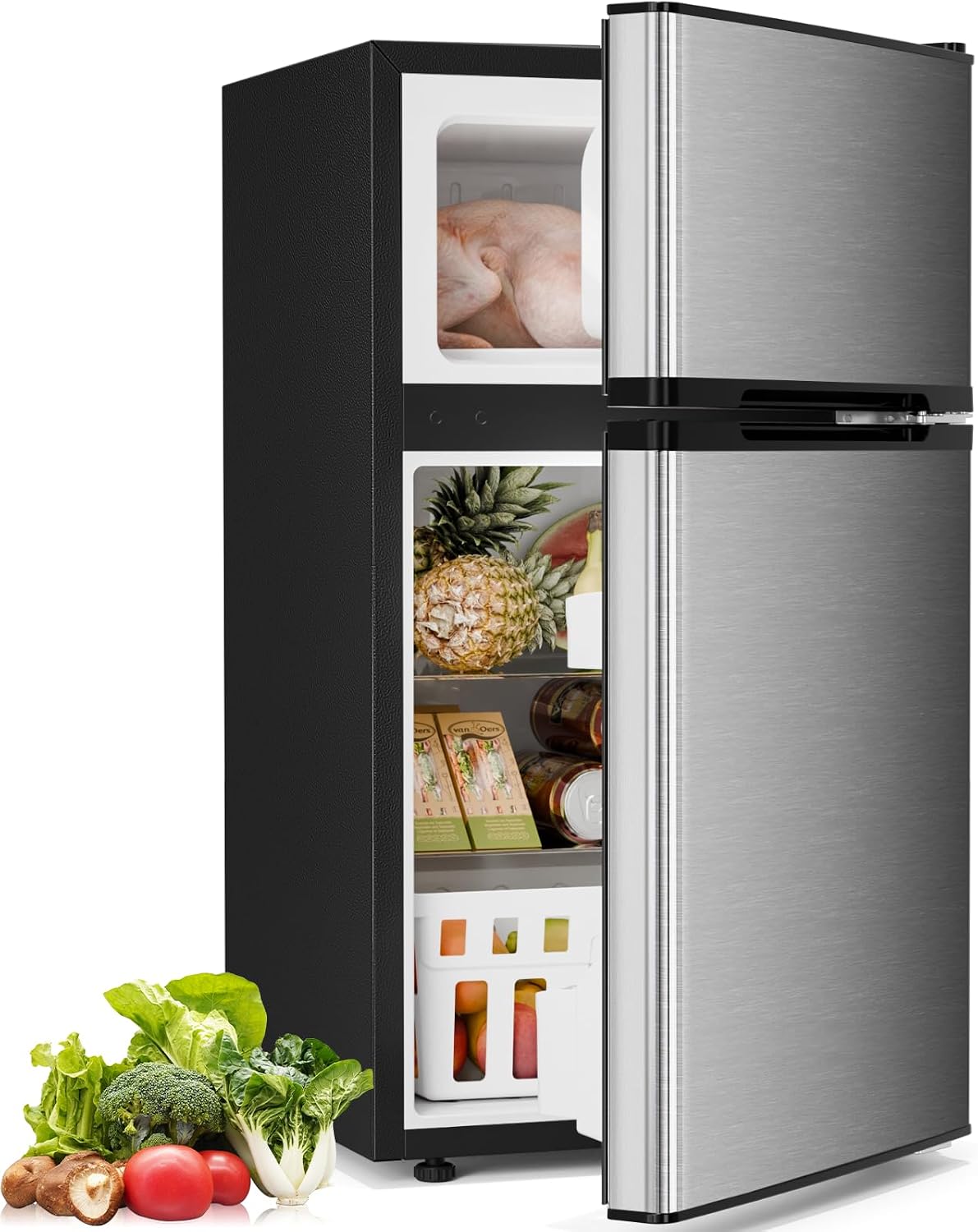 Antarctic Star Compact Refrigerator with Freezer,2 Door Mini Fridge,Adjustable Shelf,Adjustable Thermostat,for Bedroom,Office,Dorm,Kitchen,3.2 Cu.Ft.Silver