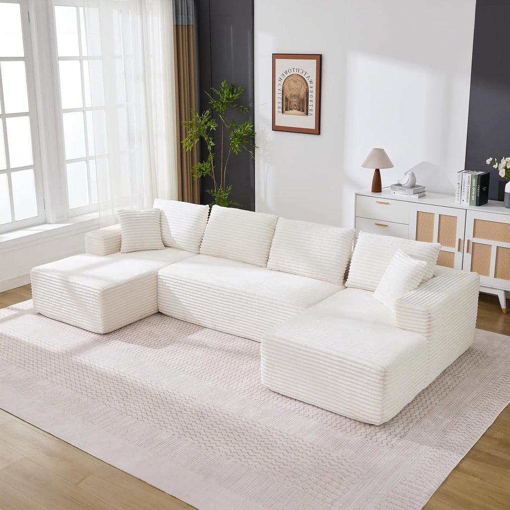 Garvee Boneless Couch U Shaped Sectional 130'' Modern Modular Cloud Couch with 2 Chaise Lounge, 4-Seat Corduroy Deep Seat Sofa with Pillows for Living Room