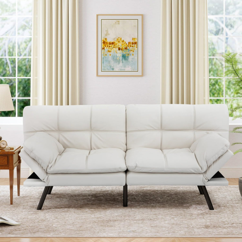 MUUEGM 71' Futon Sofa Bed, Modern Convertible Loveseat Sleeper, Faux Leather Couch with Adjustable Back & Arms for Small Spaces, Office & Apartment - Ivory