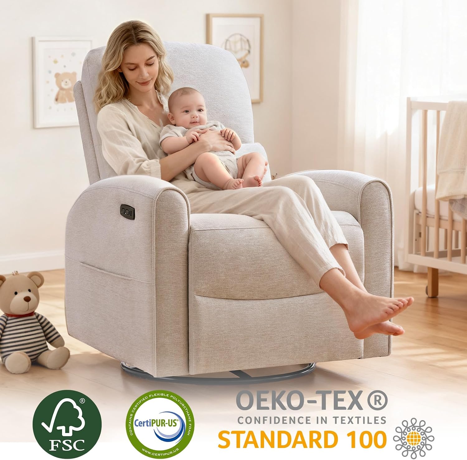 Power Swivel Rocker Recliner, Swivel Glider Nursery Recliner Chair with Lumbar Support, Upholstered Rocking Electric Recling Chairs for Adults Nursery, Living Room, Bedroom, Camel