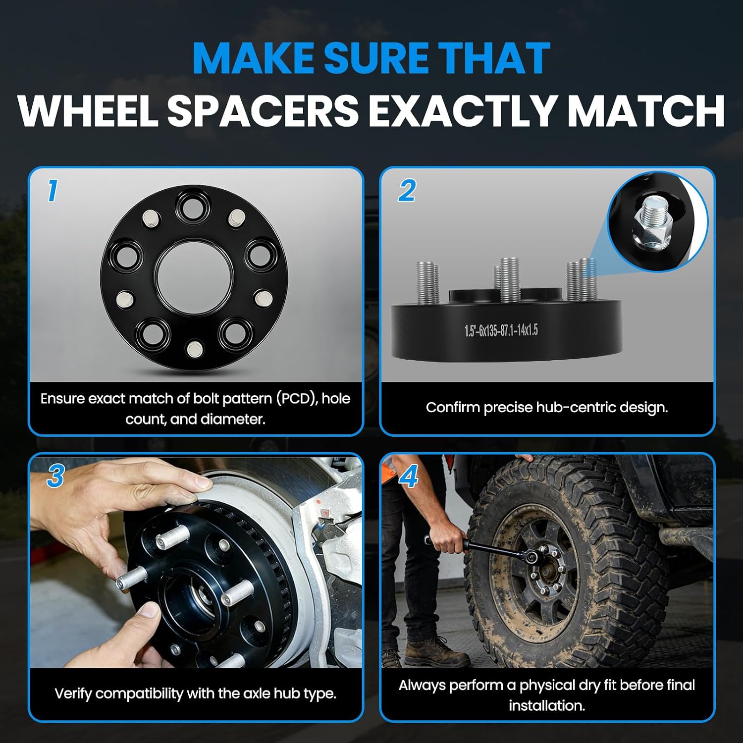 6x135 Wheel Spacers Hubcentric Real Forged Spacers Center Bore 87.1mm M14x1.5 Studs for 2015–2025 F-150, 1.5'(38.1mm) 2015–2025 Expedition, 2015–2025 Navigator/Lobo for 6 Lug Set of 4 Black