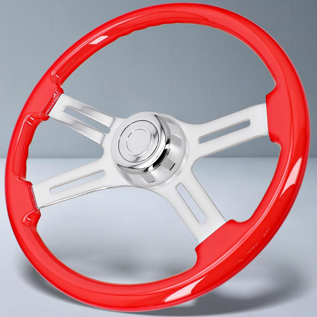 Sorghum 18' Solid Wood Steering Wheel - 4 Spokes Aluminum Chrome Classic Steering Wheel with Horn Button for Semi-Trailers Trucks Compatible with Mack Kenworth Peterbilt Volvo Freightliner-Red