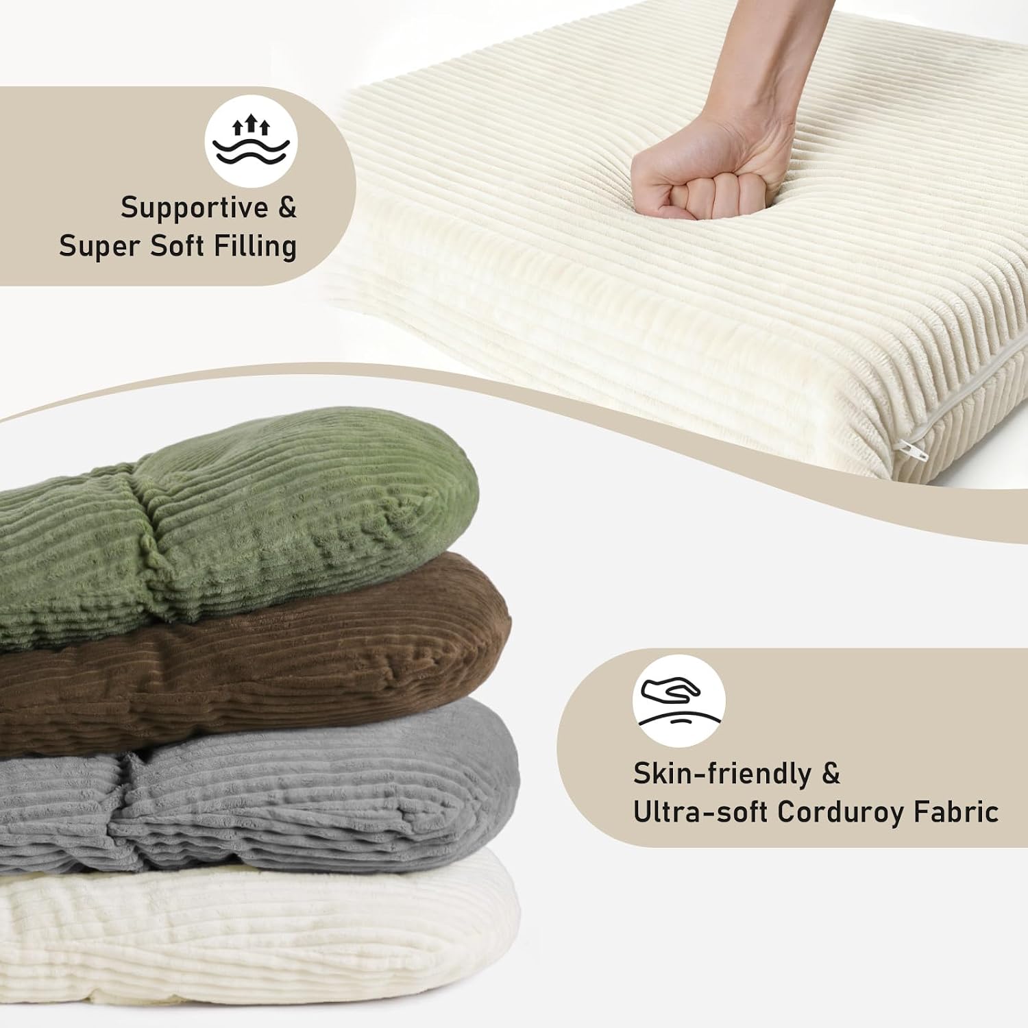 5PCS Glider Rocker Replacement Cushions with Storage Side Pockets, Thickened 3.5IN Seat & Supportive Striped Plush Rocking Chair Cushion Set with Ottoman Cover for Indoor Nursery, Beige