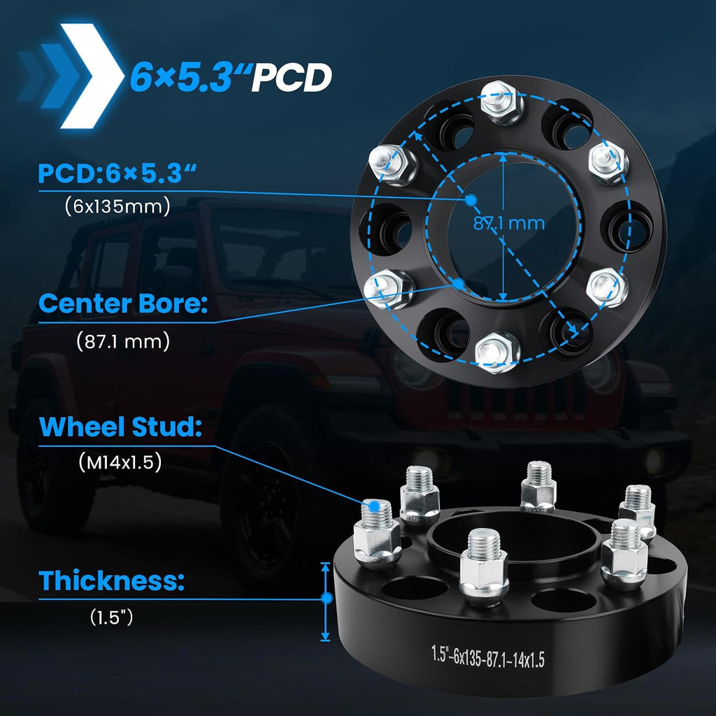 6x135 Wheel Spacers Hubcentric Real Forged Spacers Center Bore 87.1mm M14x1.5 Studs for 2015–2025 F-150, 1.5'(38.1mm) 2015–2025 Expedition, 2015–2025 Navigator/Lobo for 6 Lug Set of 4 Black